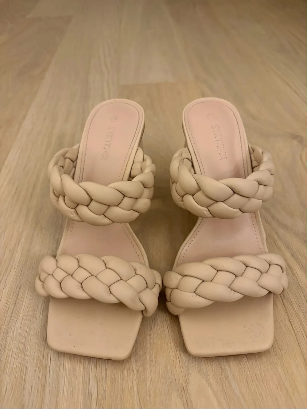 Khaki Braided Double-Strap Women's Slide Heel Sandals in Beige